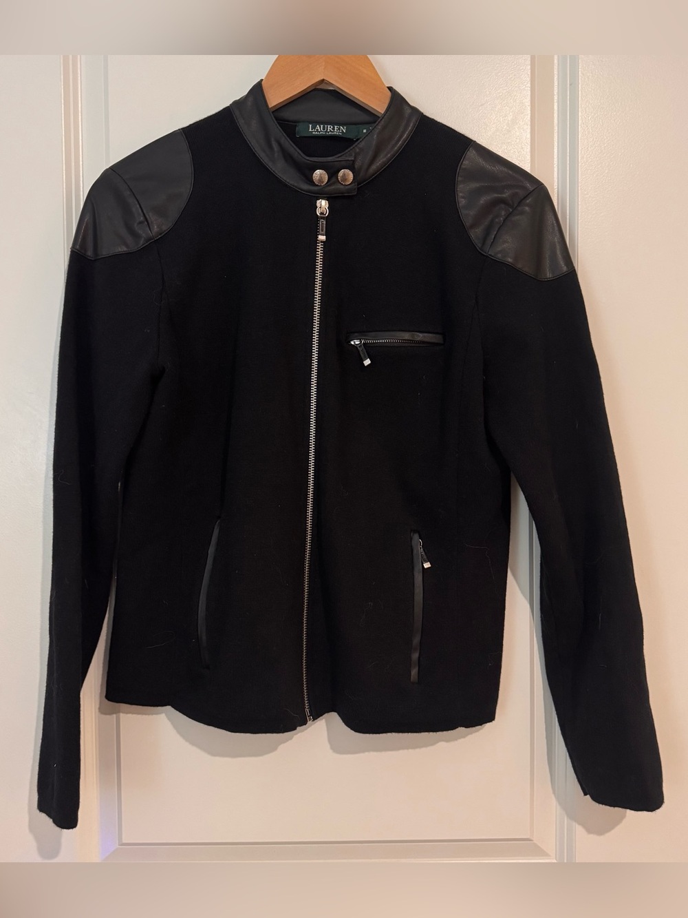 Lauren Ralph Lauren Woman Sweater Jacket Black Faux Leather Pad Shoulder Sz Med